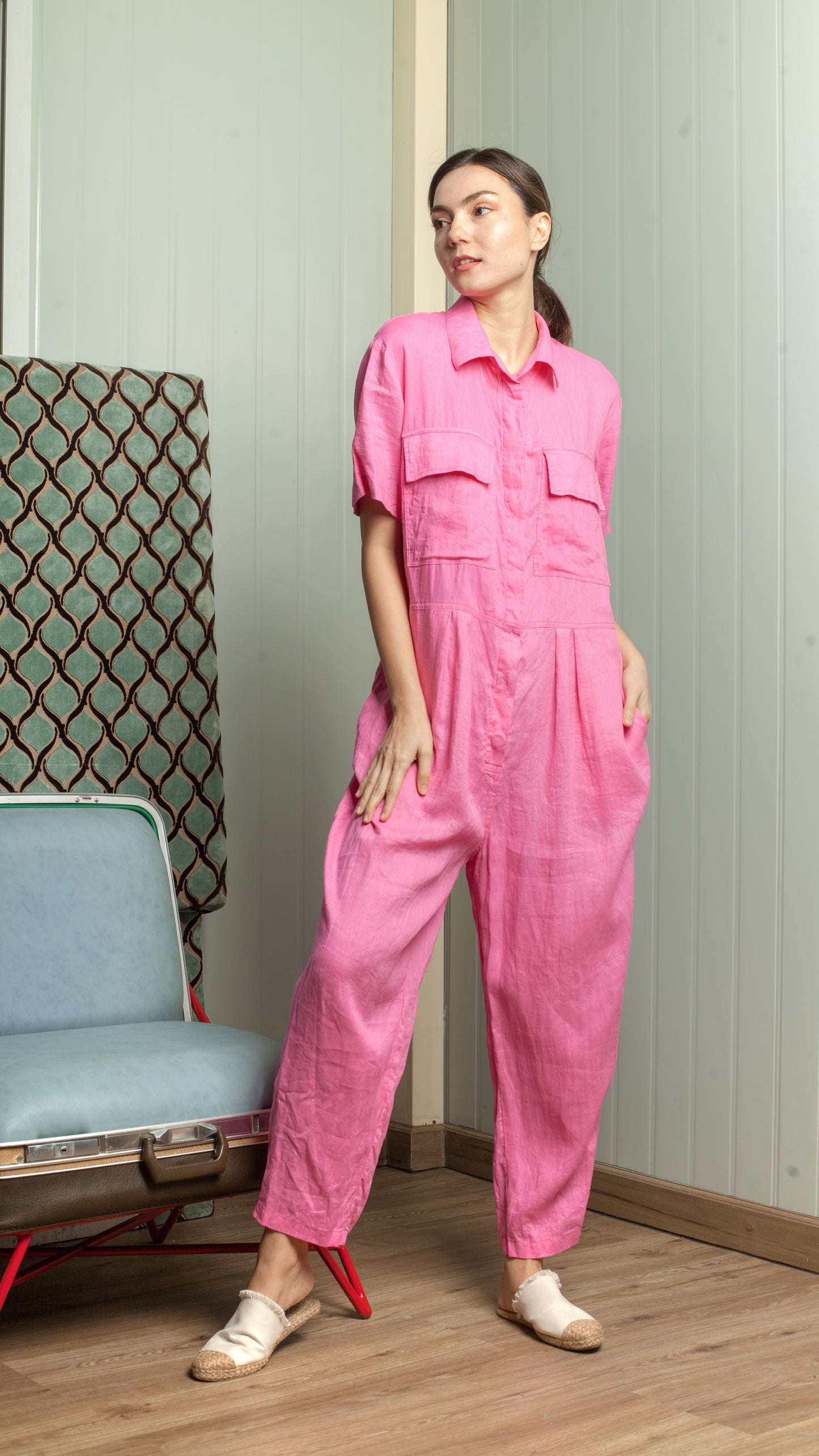 Oversized Short Sleeve Baggy Jumpsuit — Army Green