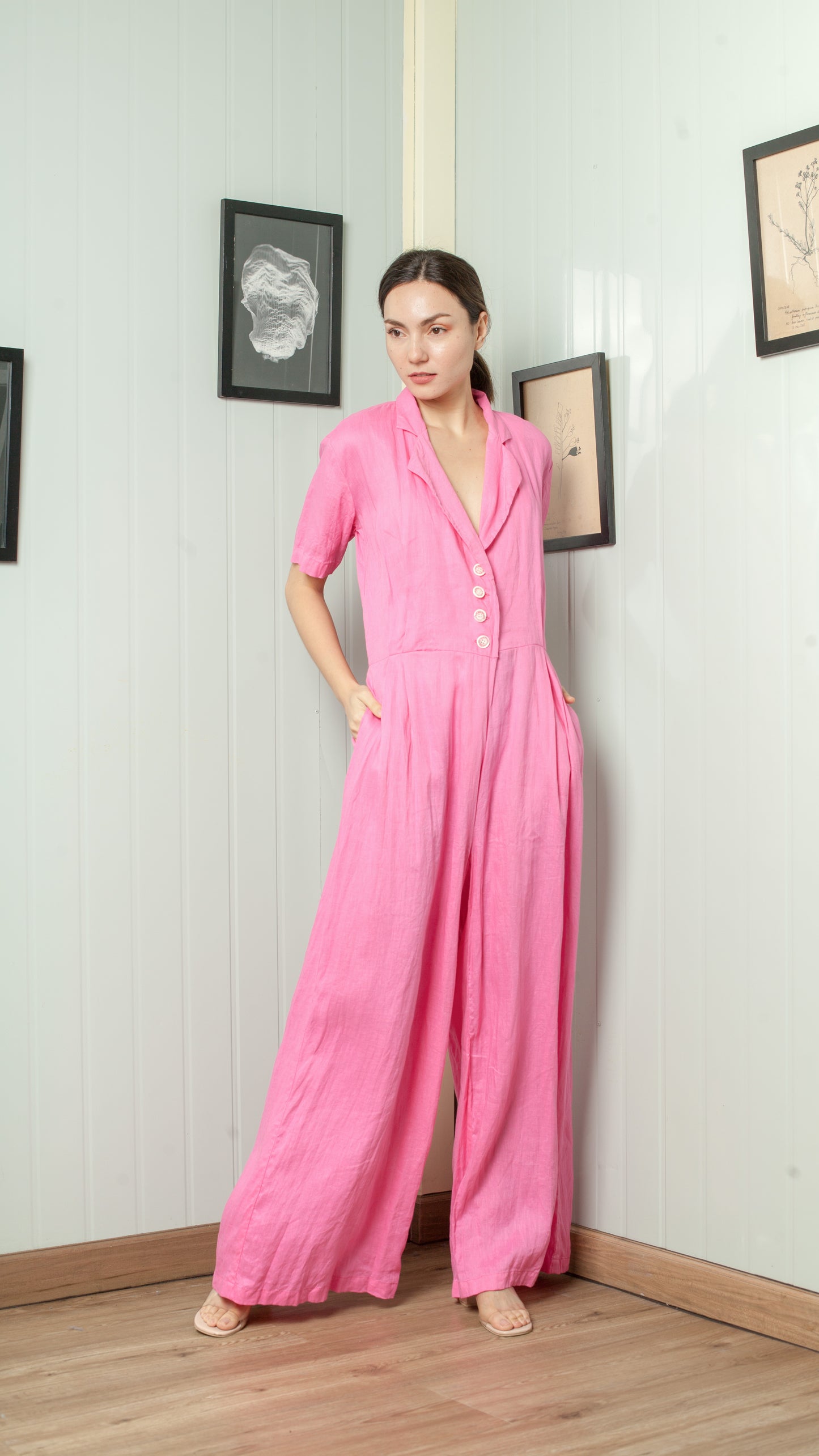 Four Button Lapel Wide Hem Jumpsuit — Azure Blue