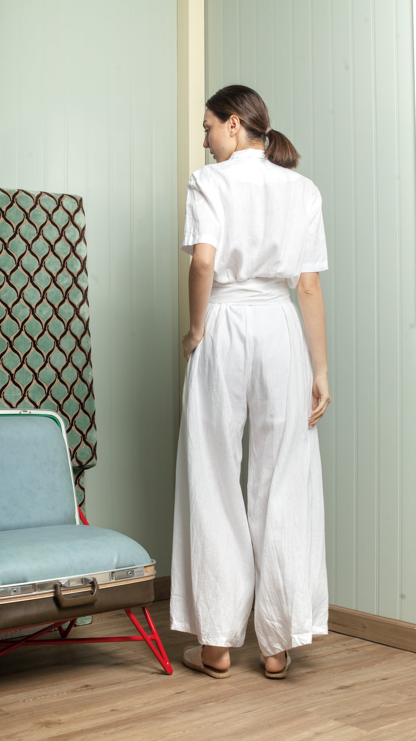 Four Button Lapel Wide Hem Jumpsuit — Azure Blue