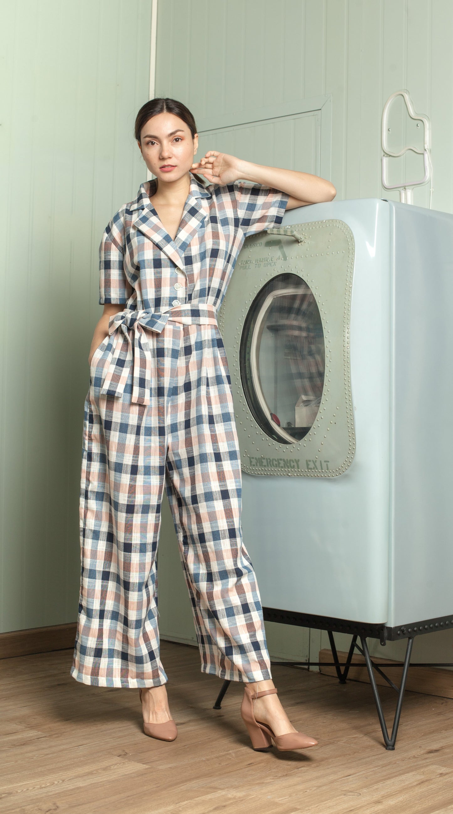 Four Button Lapel Wide Hem Jumpsuit — Azure Blue