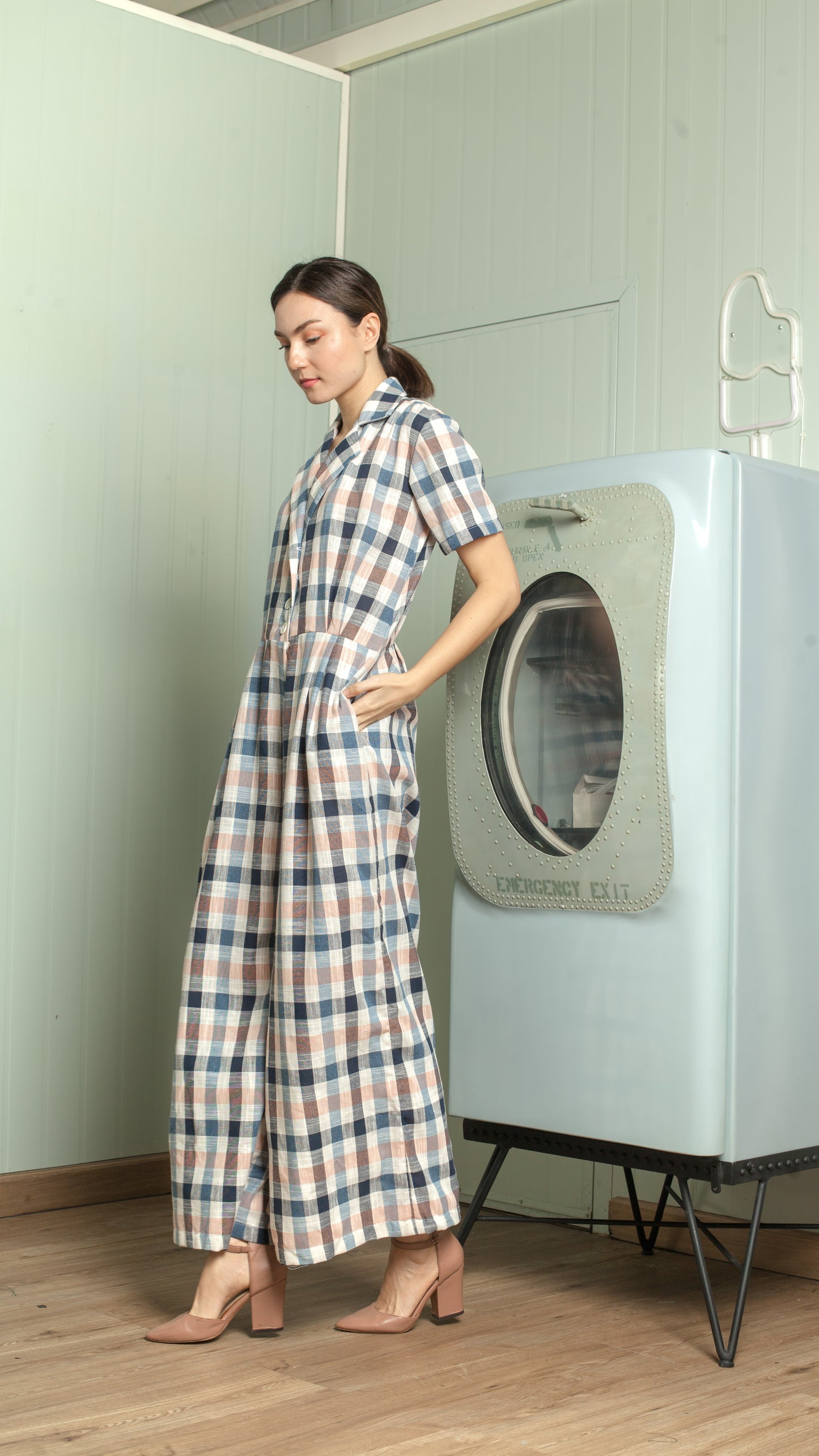 Four Button Lapel Wide Hem Jumpsuit — Azure Blue