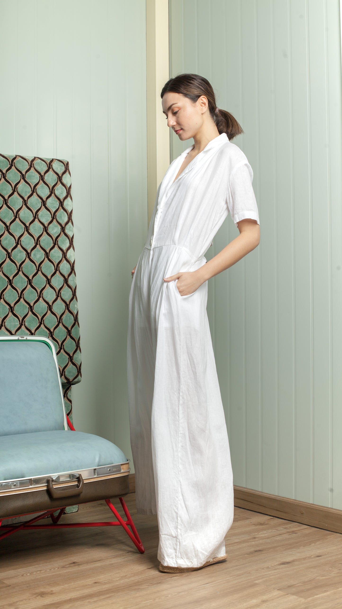 Four Button Lapel Wide Hem Jumpsuit — Azure Blue