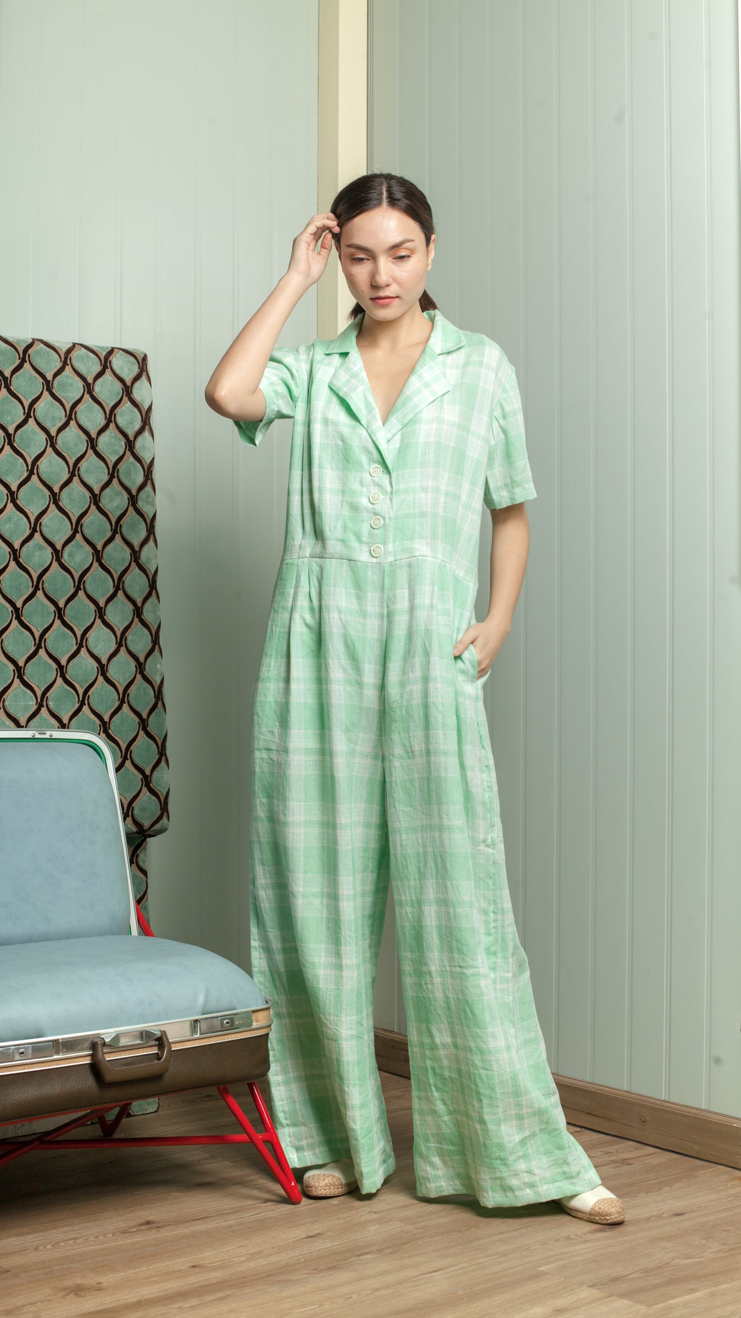 Four Button Lapel Wide Hem Jumpsuit — Azure Blue