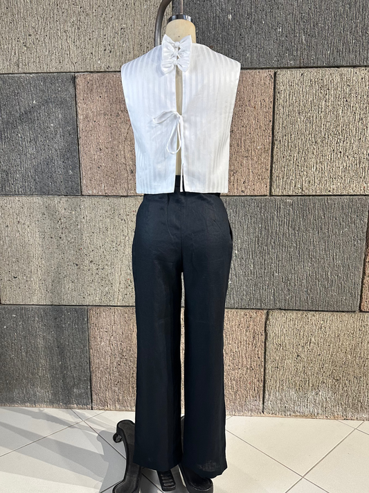 Bow Open Back Top in White Detailed Fabric