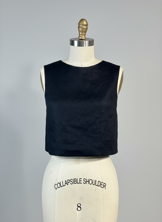 Bow Open Back Top in Black Linen Front, Taffeta Back