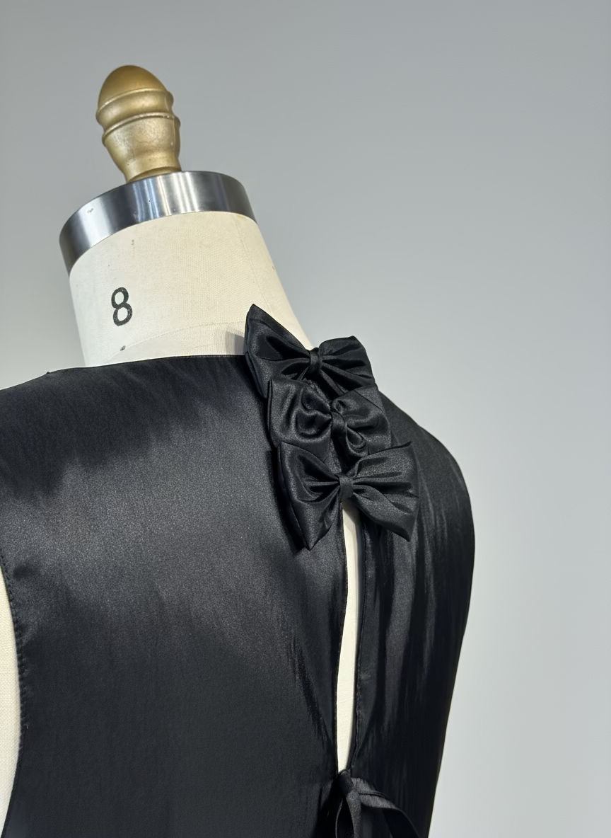 Bow Open Back Top in Black Linen Front, Taffeta Back