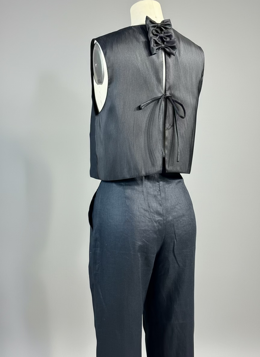 Bow Open Back Top in Black Linen Front, Taffeta Back