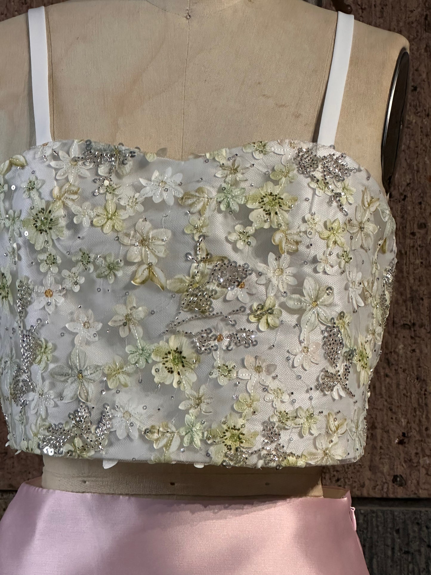 Beaded Semi-Sweetheart Flat Strap Top in Sage White Appliqués