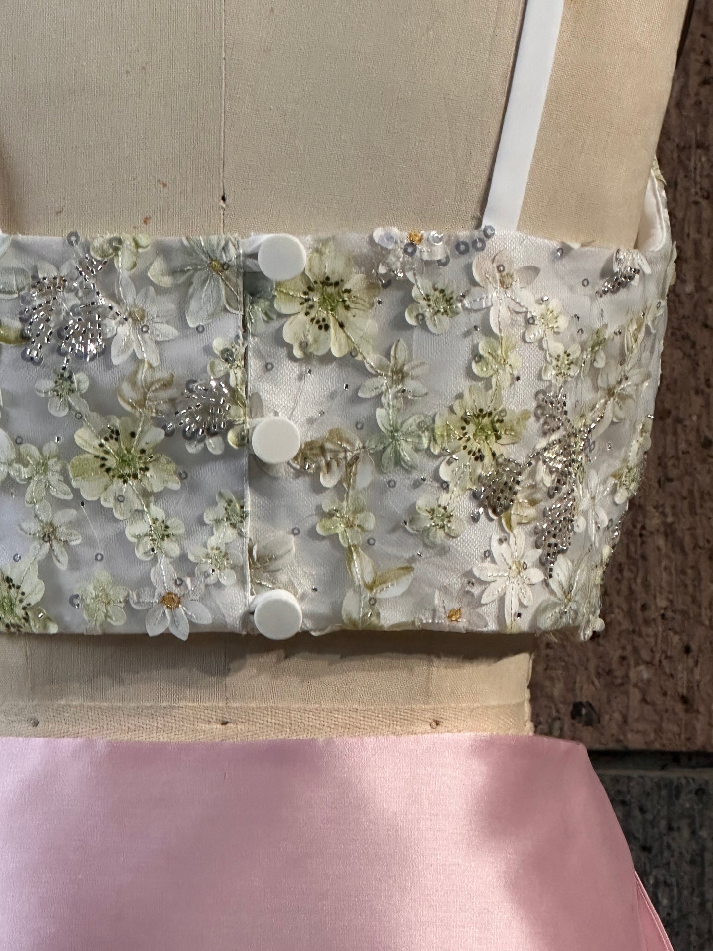 Beaded Semi-Sweetheart Flat Strap Top in Sage White Appliqués