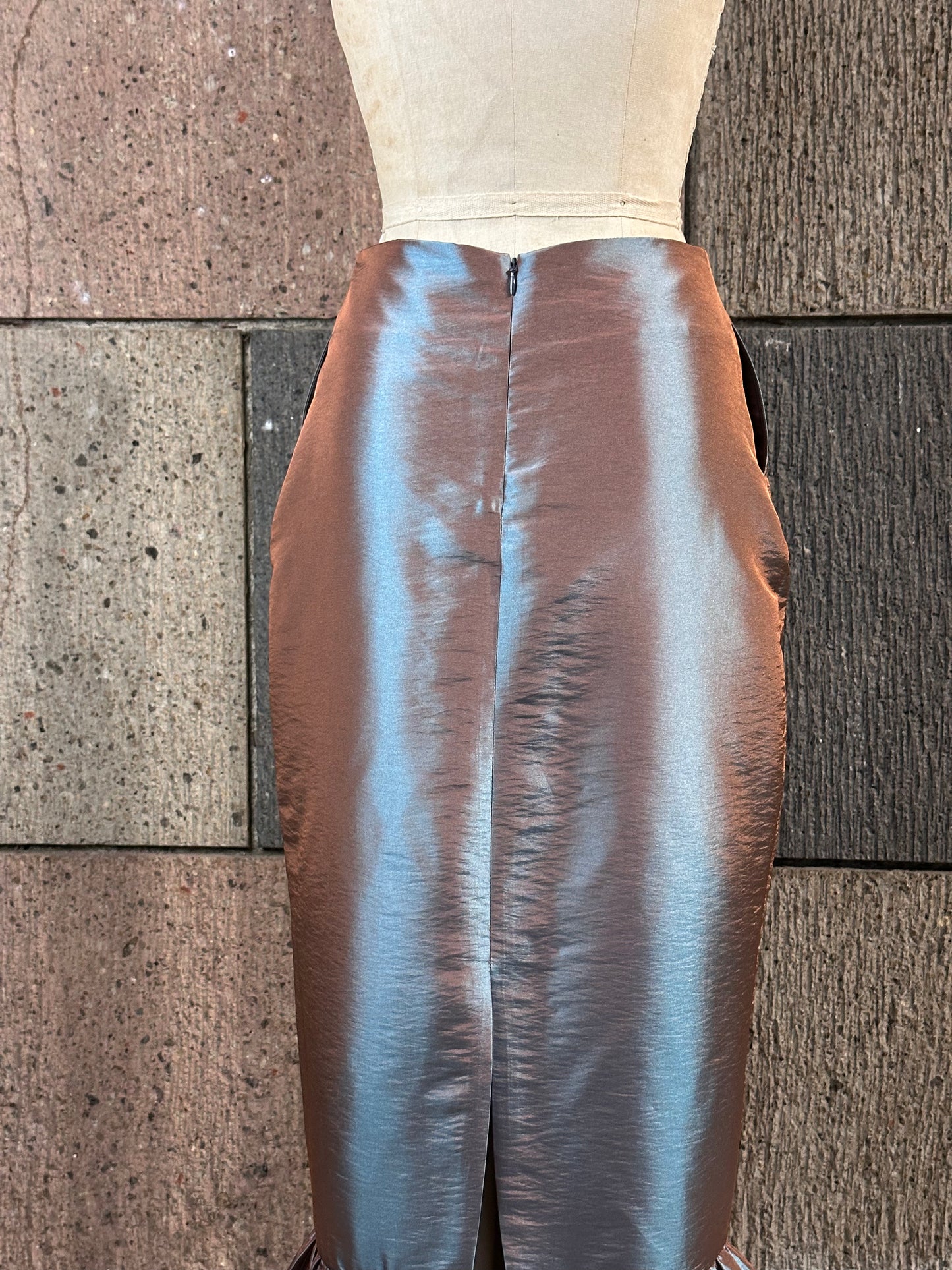 Ruffle Hem Pencil Skirt in Bluish Brown Taffeta