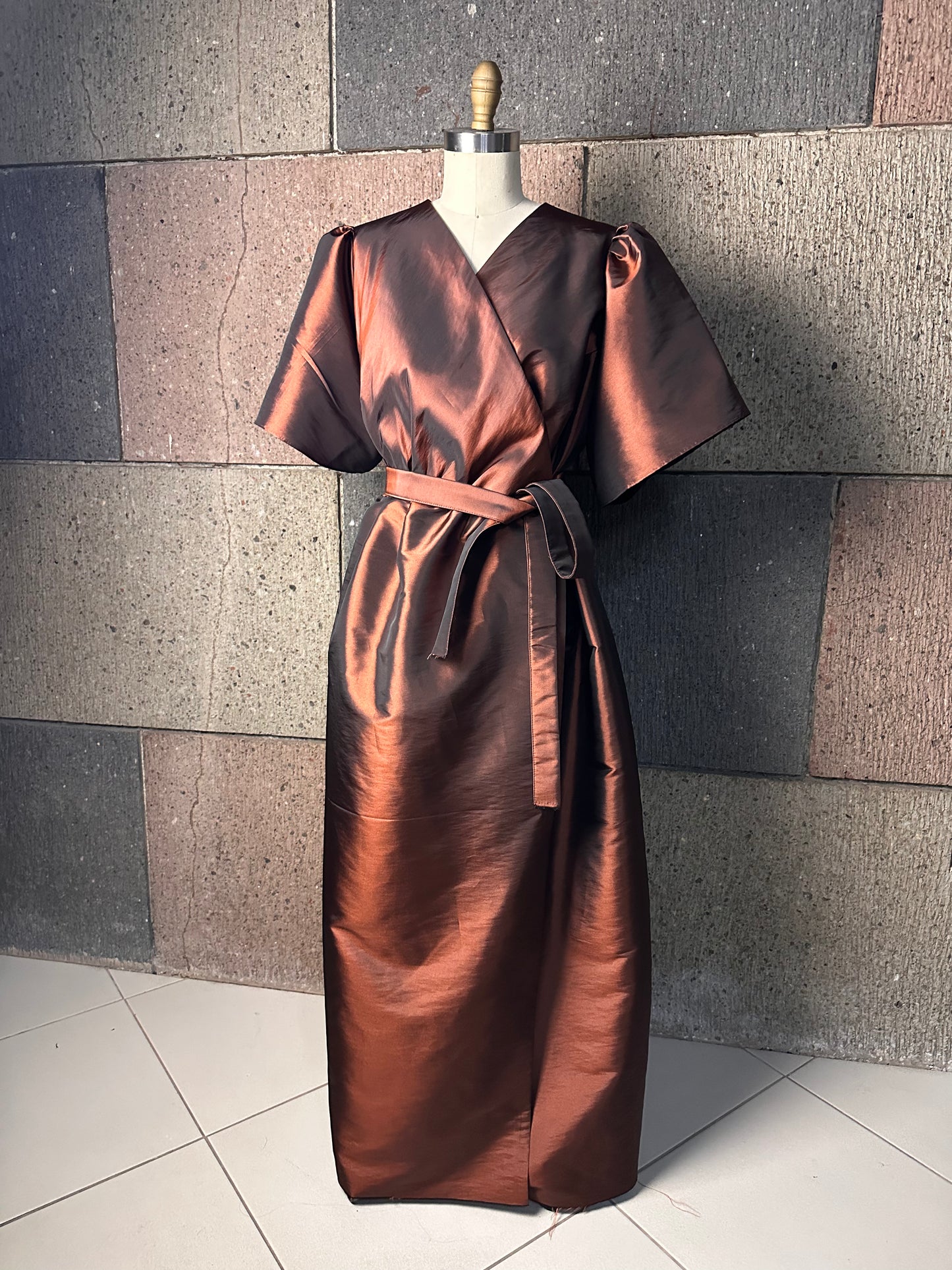 Oversized Puff Sleeve Wrap Dress in Brown Taffeta