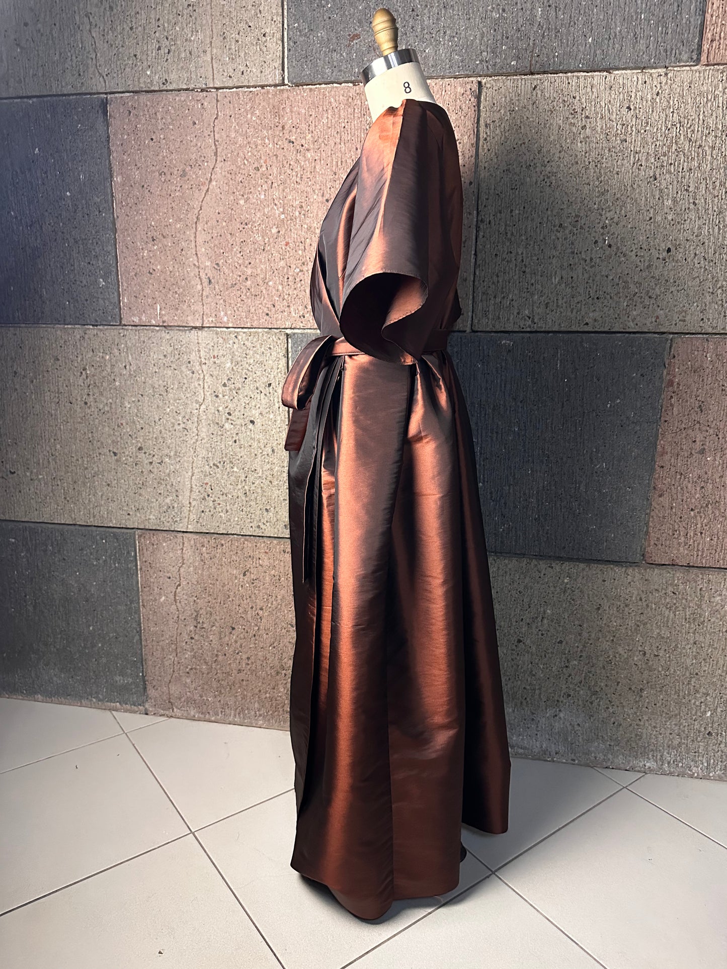 Oversized Puff Sleeve Wrap Dress in Brown Taffeta