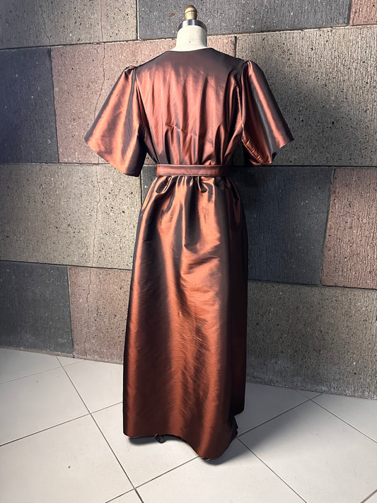 Oversized Puff Sleeve Wrap Dress in Brown Taffeta