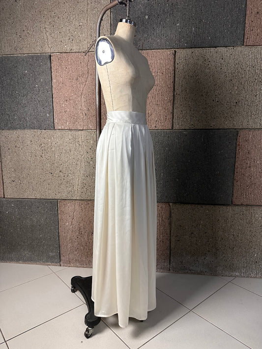 Pleated Blocks Wide Leg Pants in Cream Silk
