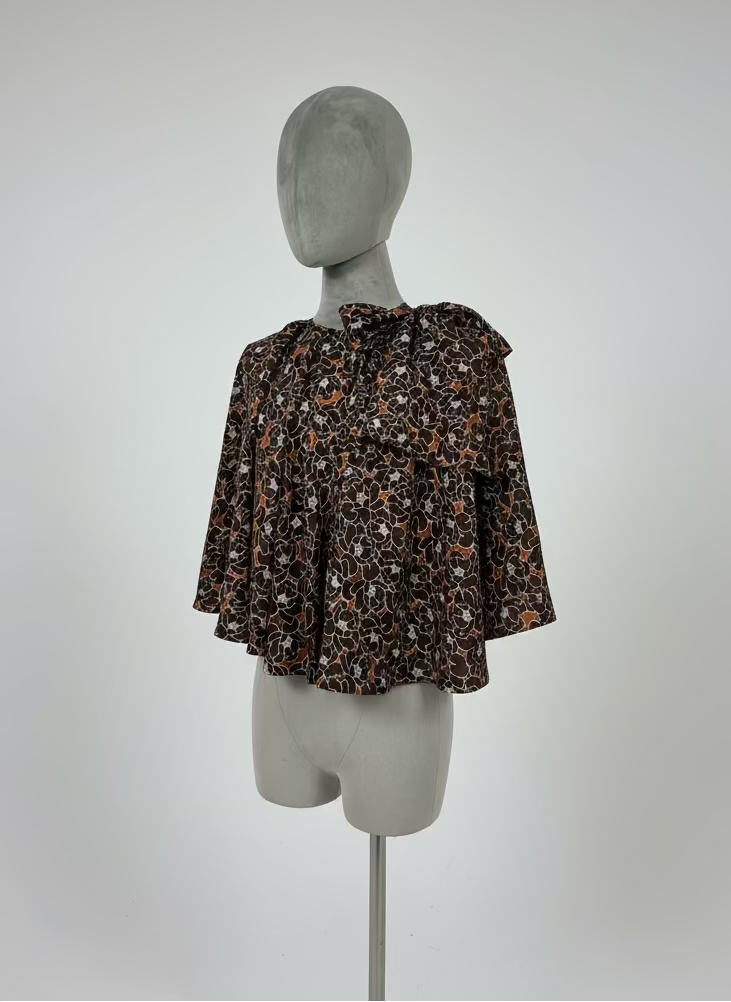 Circular Ribbon-Tie Silk Overlay Top in Brown Floral Silk
