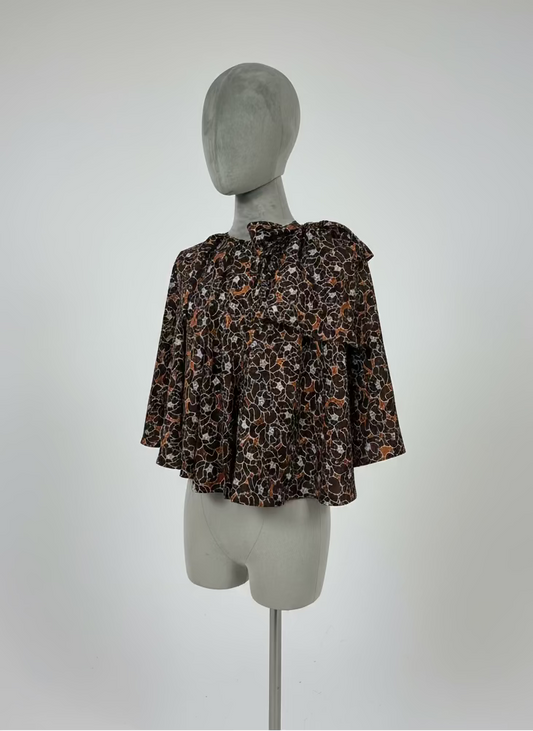 Circular Ribbon-Tie Silk Overlay Top in Brown Floral Silk