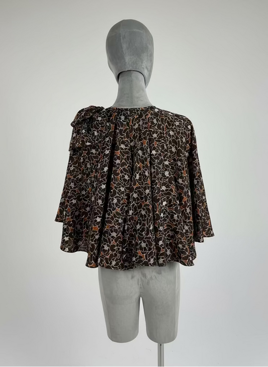 Circular Ribbon-Tie Silk Overlay Top in Brown Floral Silk