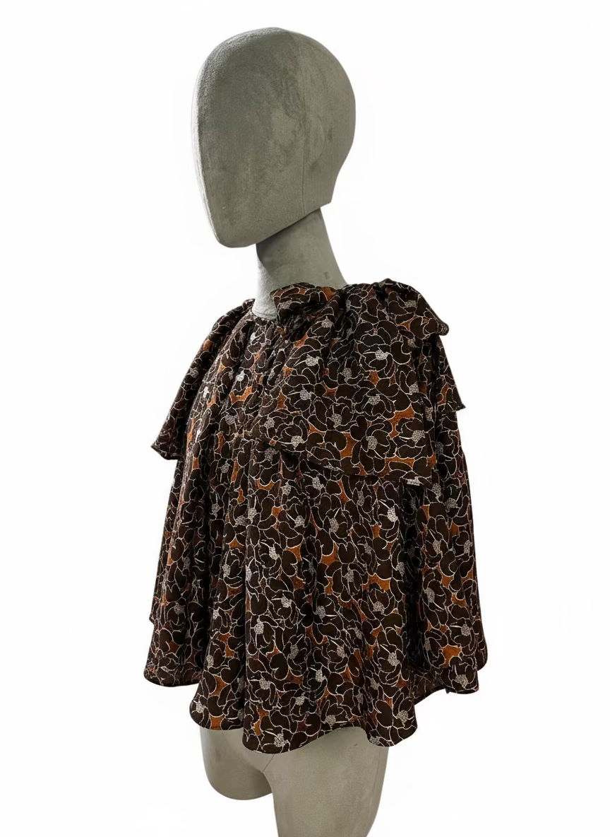 Circular Ribbon-Tie Silk Overlay Top in Brown Floral Silk