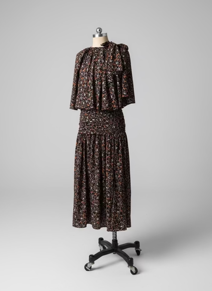 Circular Ribbon-Tie Silk Overlay Top in Brown Floral Silk