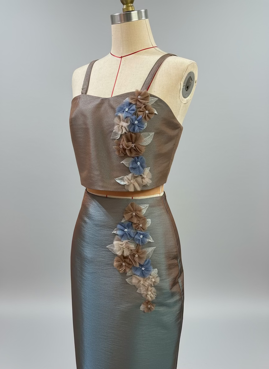 Ruffle Hem Pencil Skirt in Bluish Brown Taffeta with Appliquè