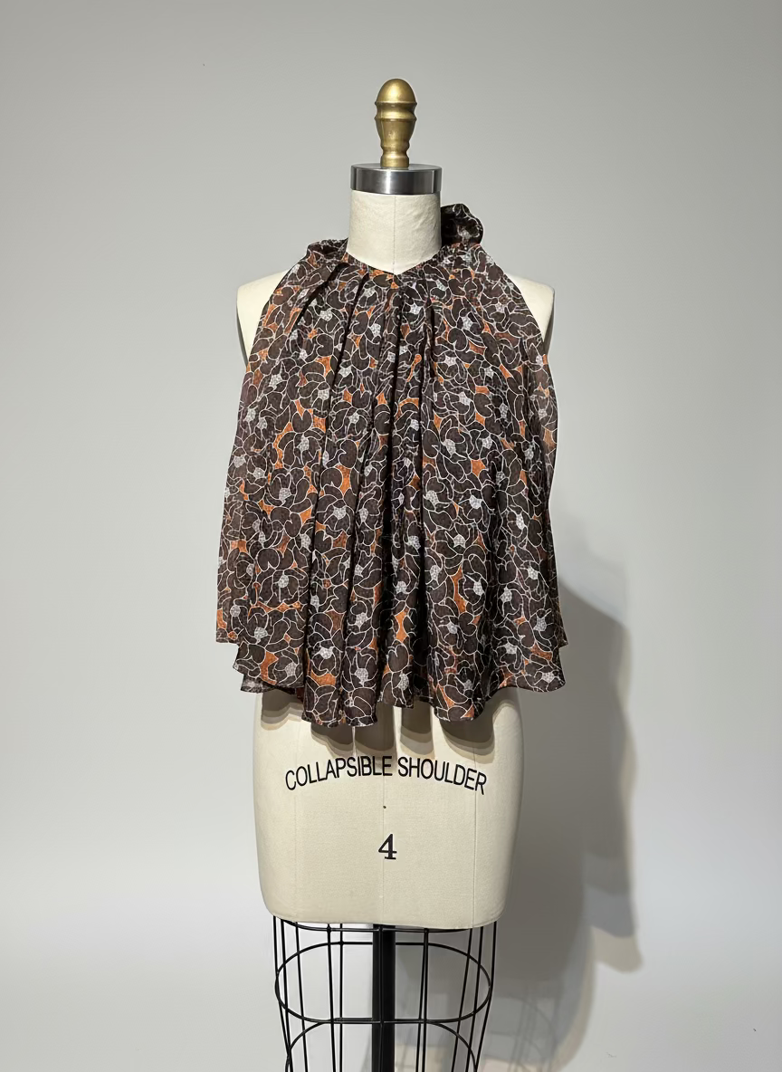 Circular Front-Ruffle Backless Top in Brown Floral Silk