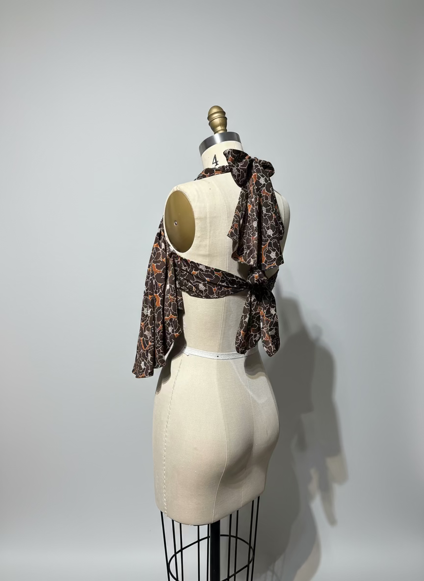 Circular Front-Ruffle Backless Top in Brown Floral Silk