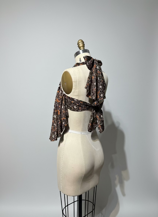 Circular Front-Ruffle Backless Top in Brown Floral Silk