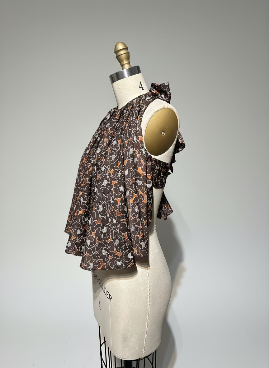 Circular Front-Ruffle Backless Top in Brown Floral Silk
