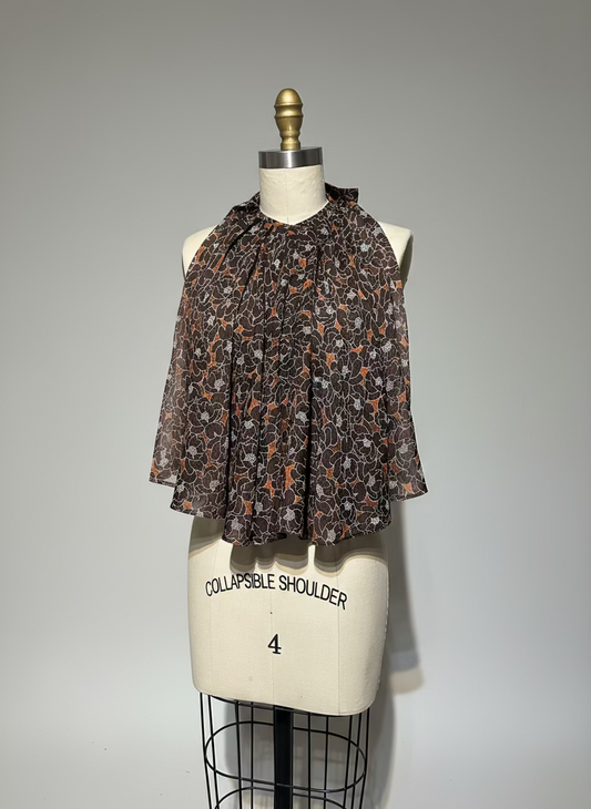 Circular Front-Ruffle Backless Top in Brown Floral Silk