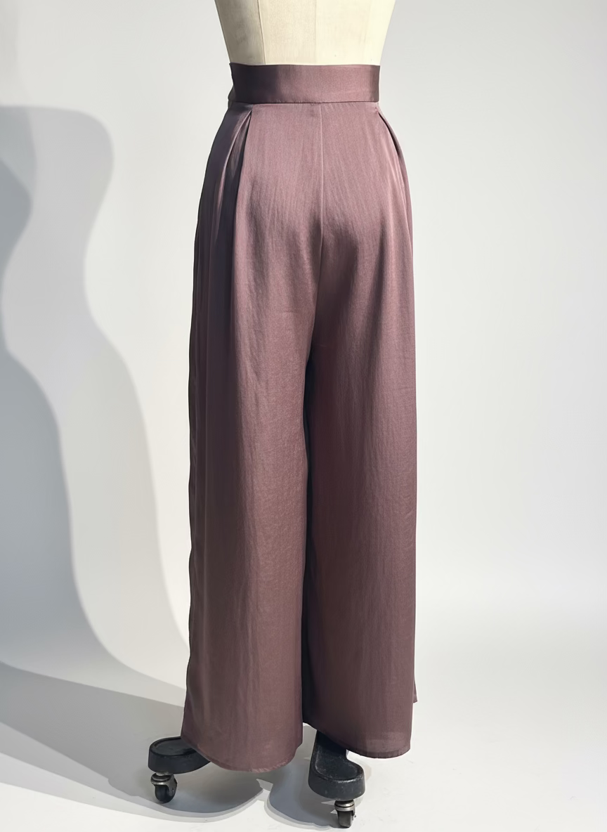 Pleated Blocks Wide Leg Pants in Brown Silk