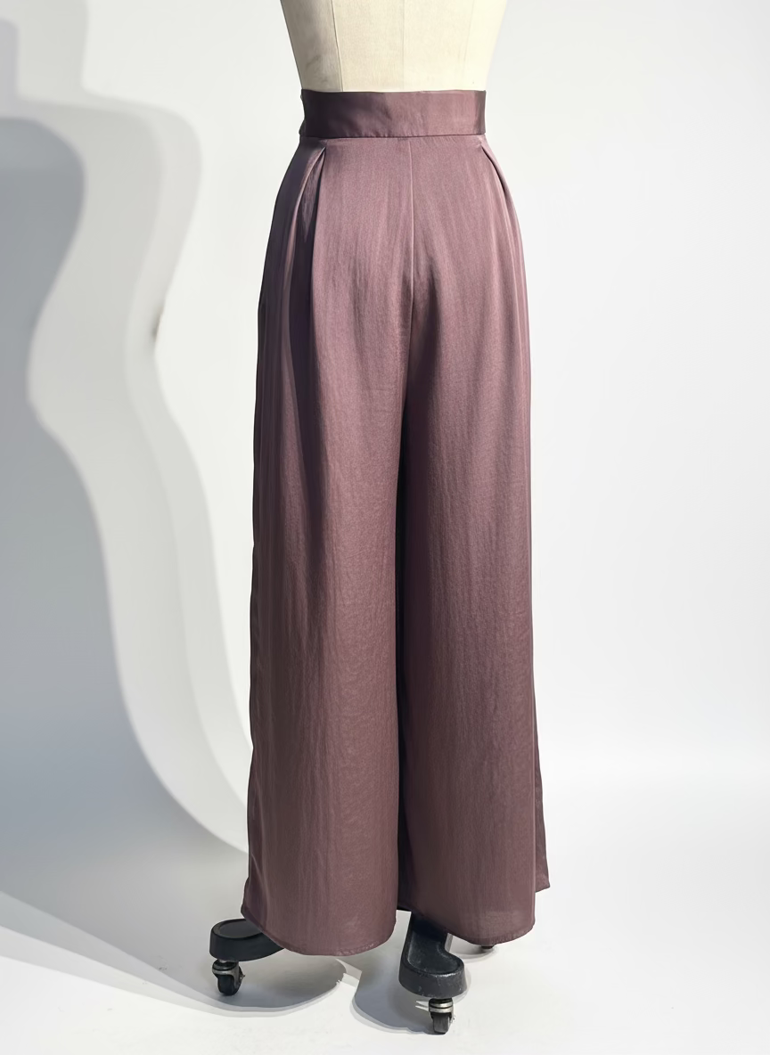 Pleated Blocks Wide Leg Pants in Brown Silk