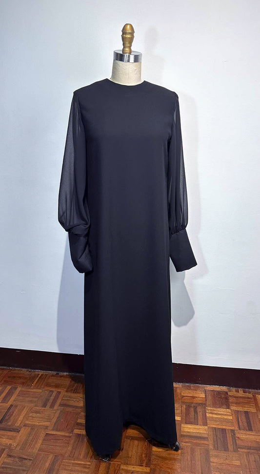 Oversized Black Crepe Black Chiffon Bell Sleeve Oversized Cuff Long Dress