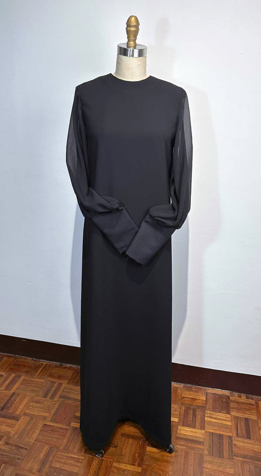 Oversized Black Crepe Black Chiffon Bell Sleeve Oversized Cuff Long Dress