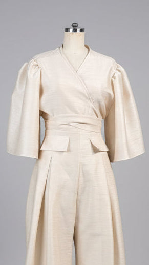 Front and Back Pleated Wide Hem Pants in Light Gold Premium Gazar