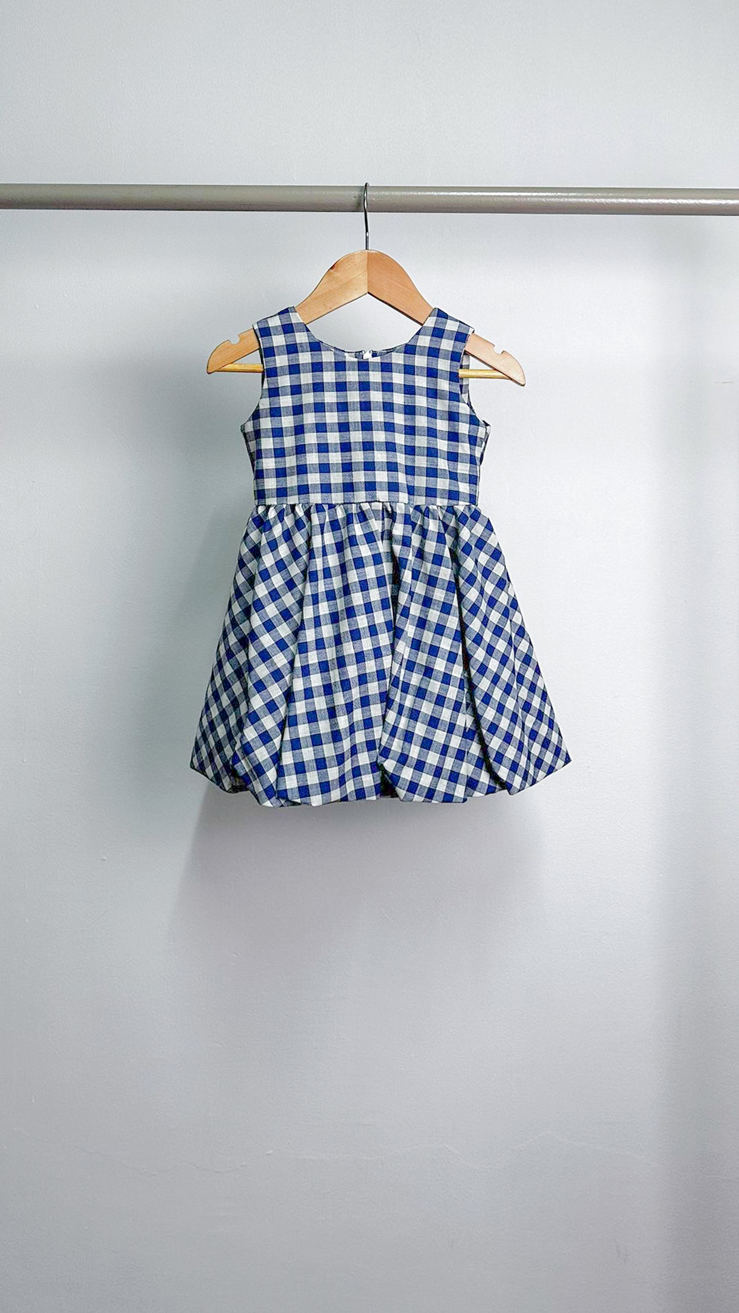 Sleeveless Midi Dress with Mushroom Hem Skirt - Blue/White Gingham