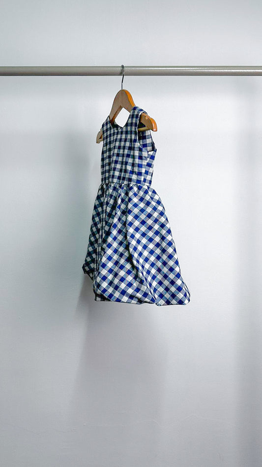 Sleeveless Midi Dress with Mushroom Hem Skirt - Blue/White Gingham