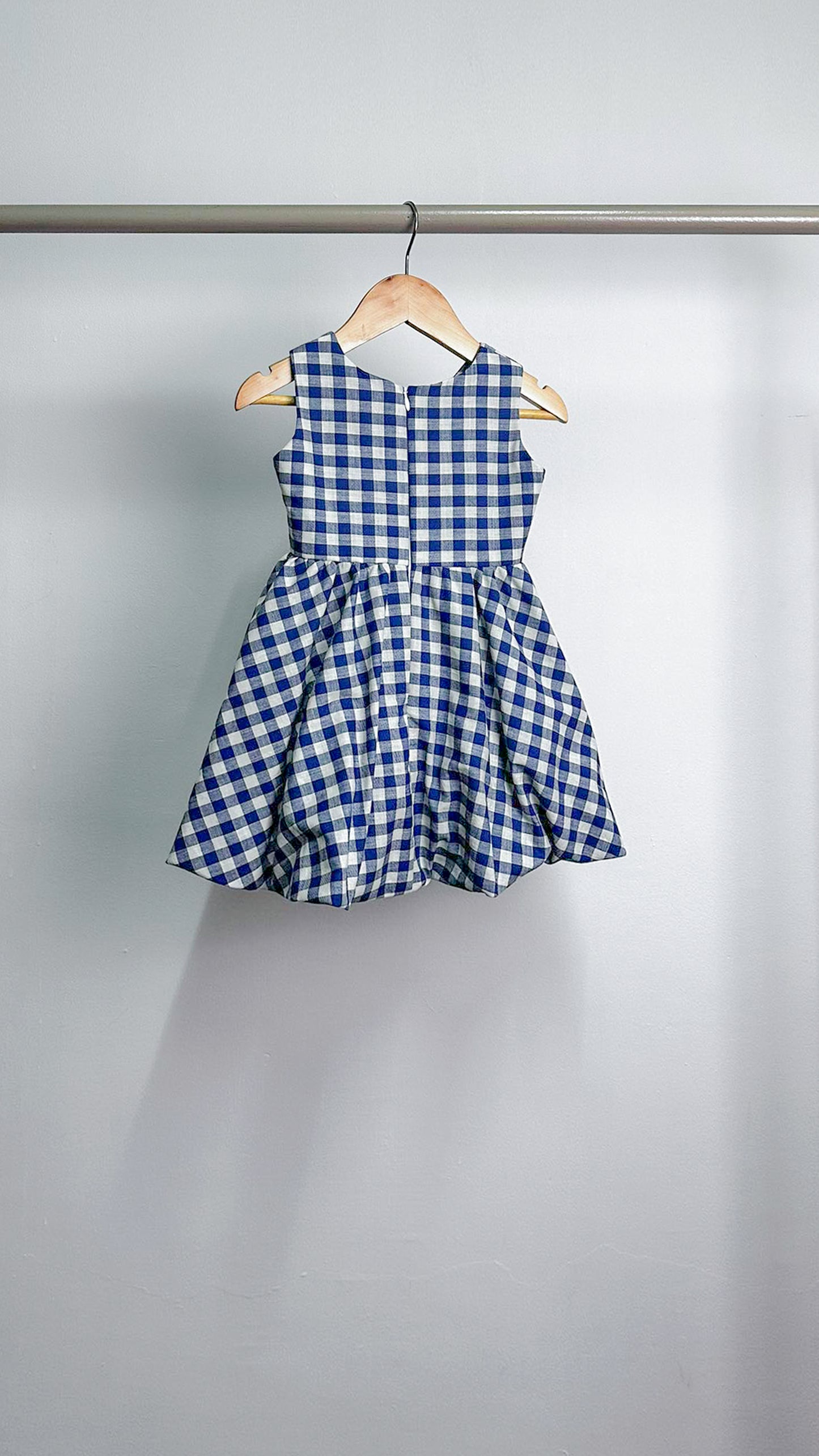 Sleeveless Midi Dress with Mushroom Hem Skirt - Blue/White Gingham