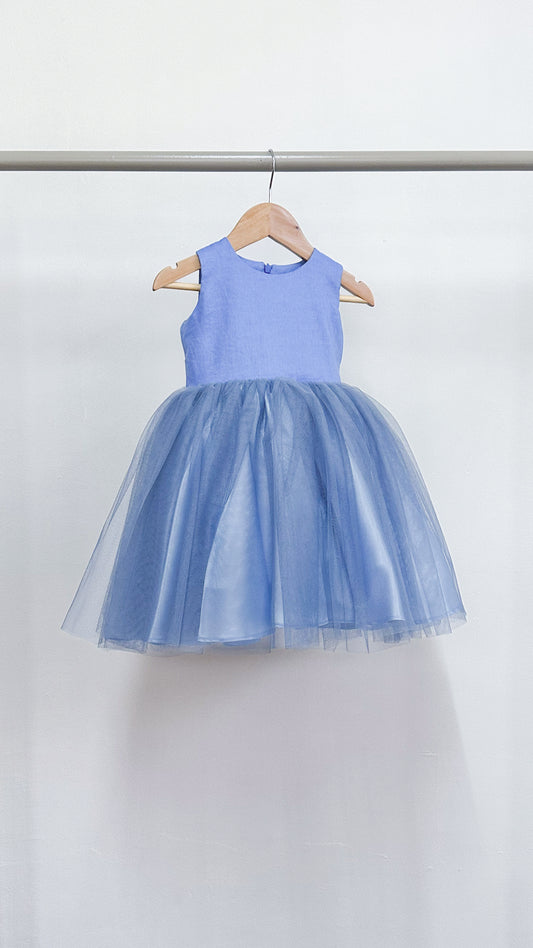 Sleeveless Midi Tulle Dress - Bright Blue Linen