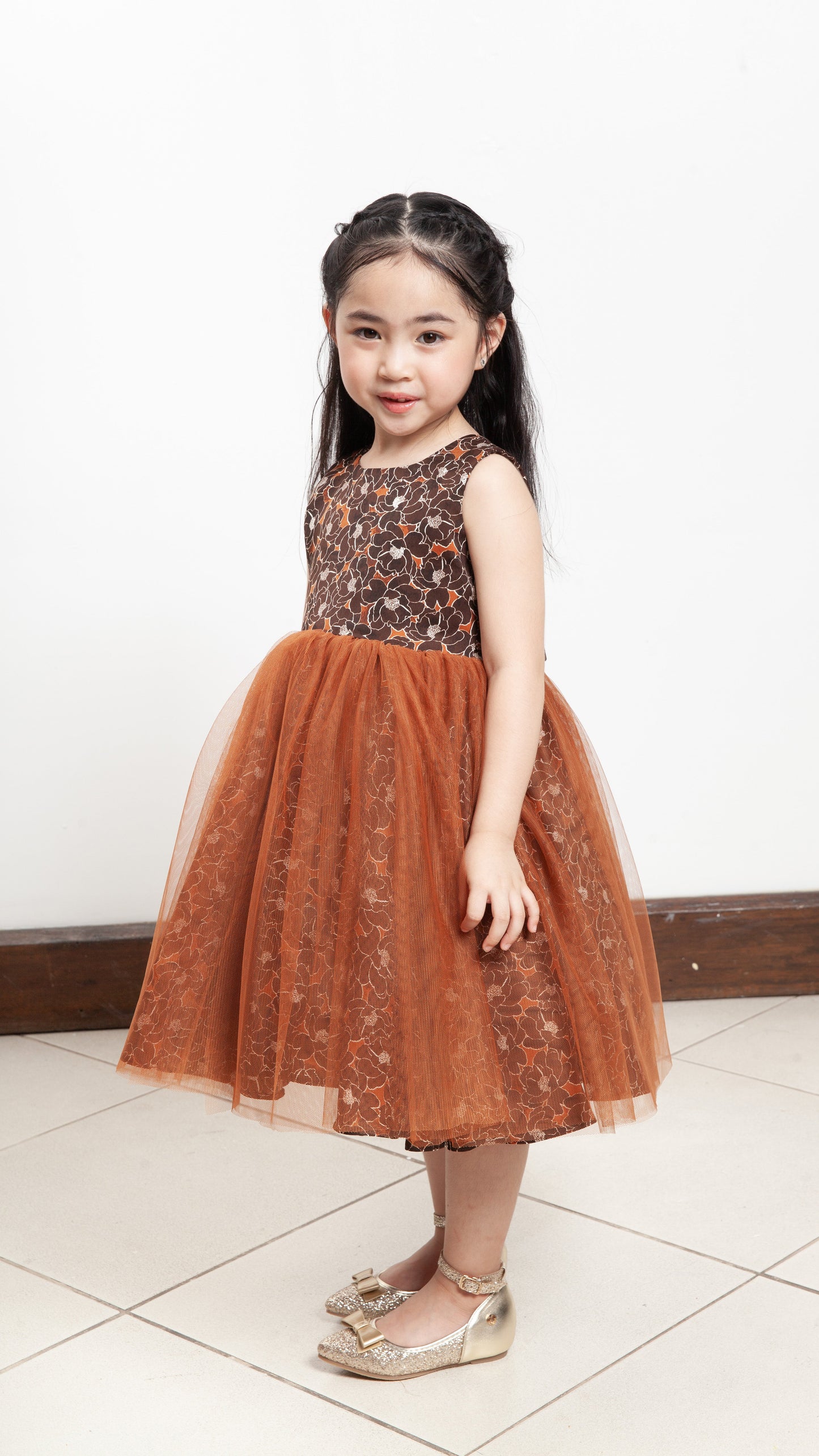 Sleeveless Midi Tulle Dress - Brown Floral Satin