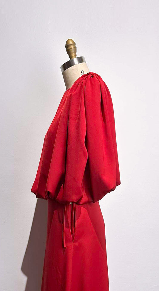 Red Cotton Linen Semi-Bubble Top with Pads