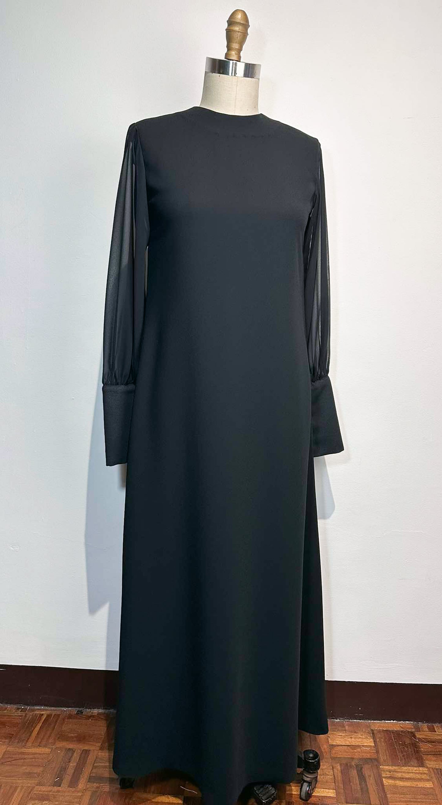 A-Line Black Crepe Dress and Pearl Buttons