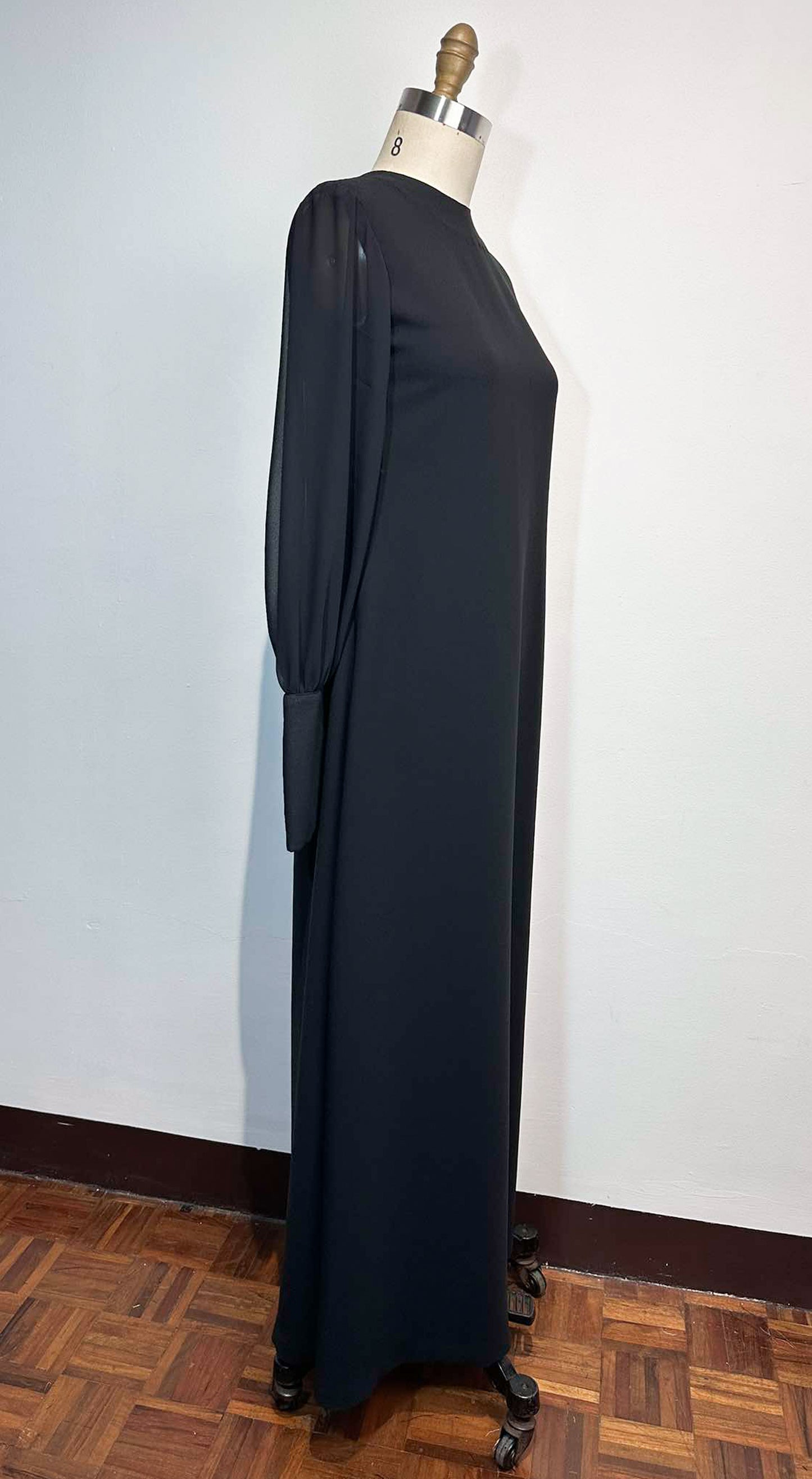 A-Line Black Crepe Dress and Pearl Buttons