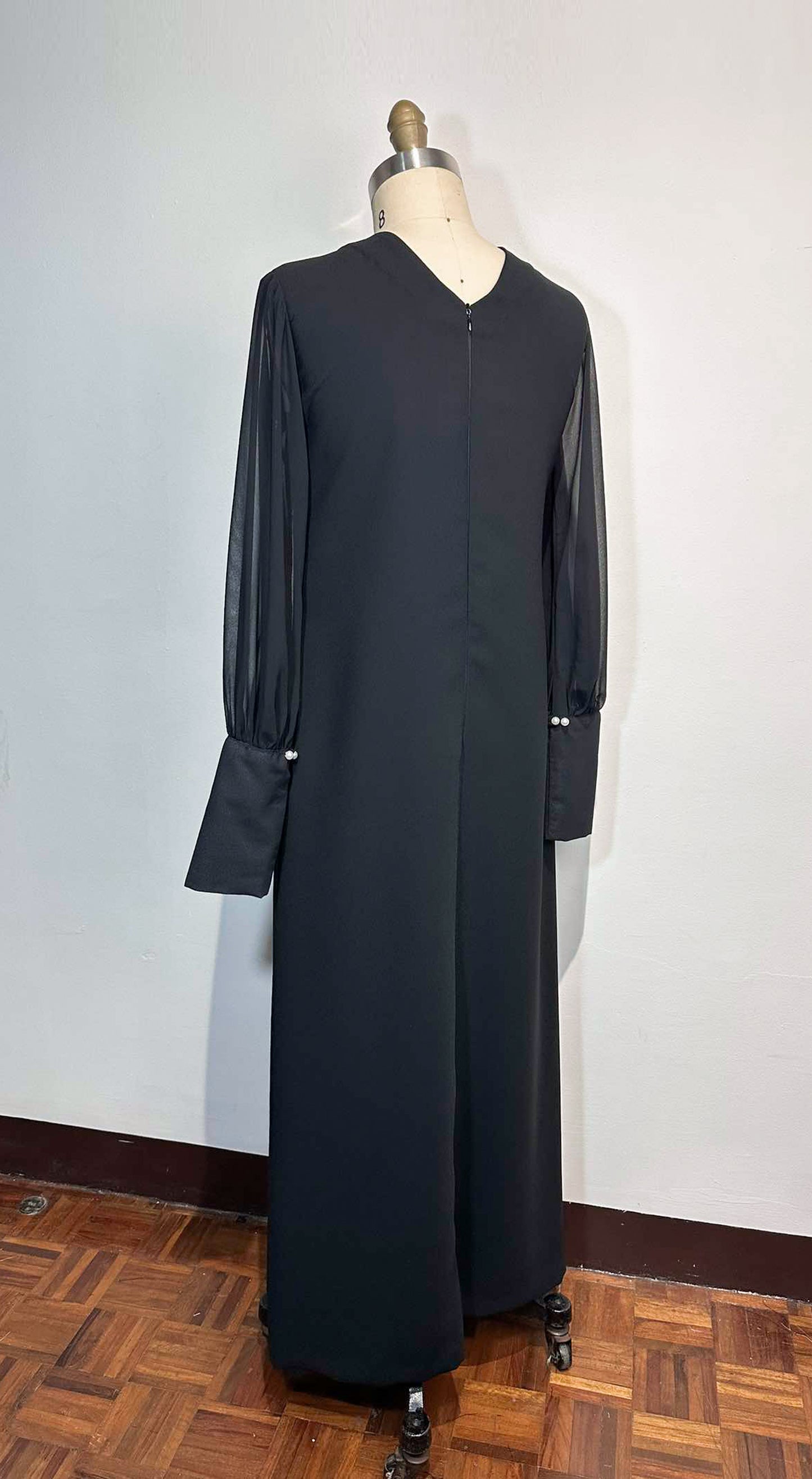 A-Line Black Crepe Dress and Pearl Buttons