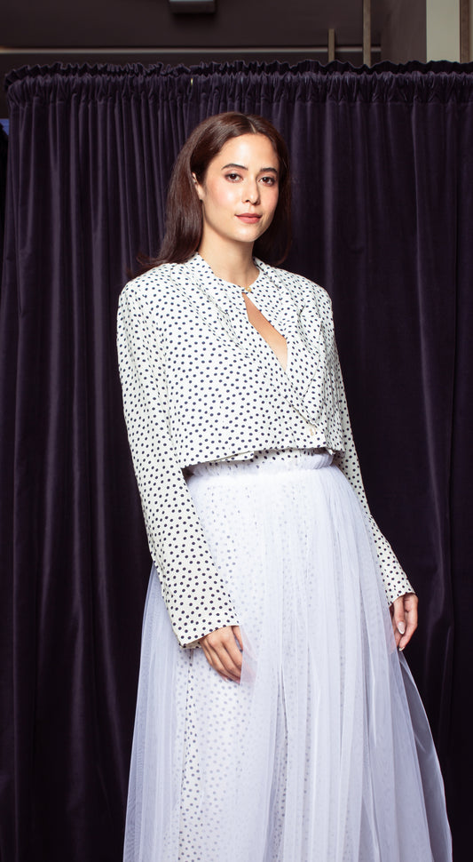 Crop Blazer - White-Based Polka Dot