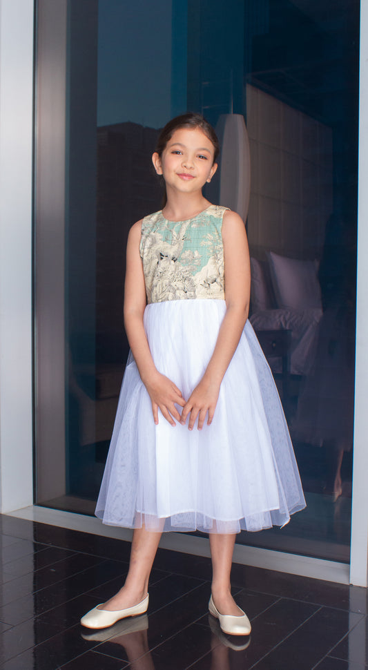 Emma Tulle Midi Dress - Printed Green Deer