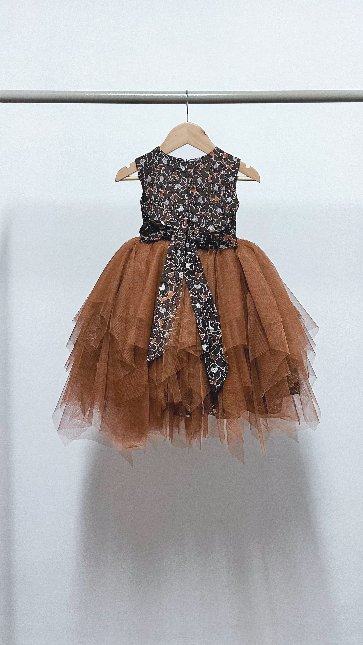 Sleeveless Midi Uneven Hem Tulle Dress - Brown Floral Satin