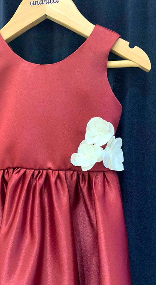 Sleeveless Maxi Dress with Florets - Maroon Duchess Satin