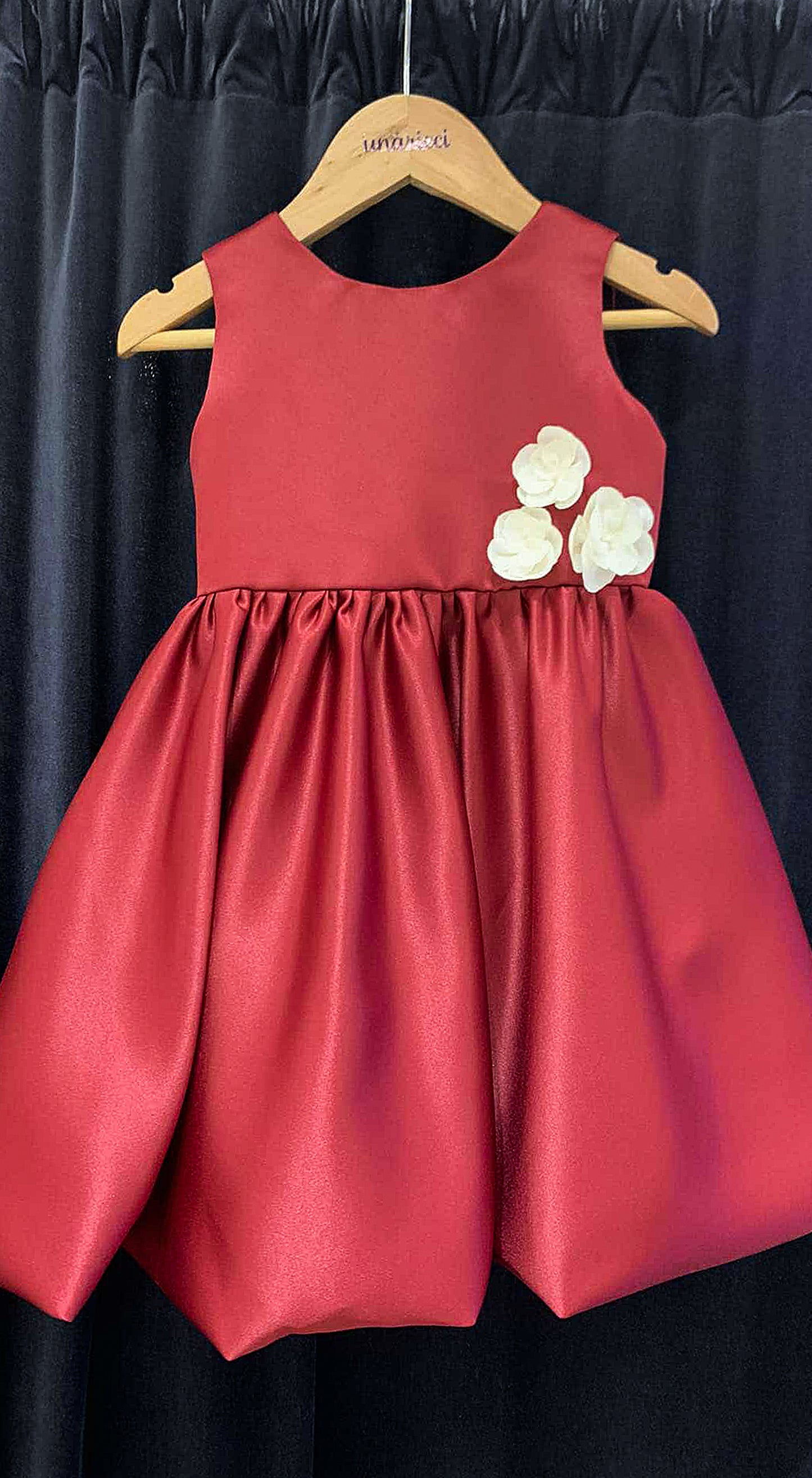 Sleeveless Mushroom Dress with Florets - Maroon Duchess Satin