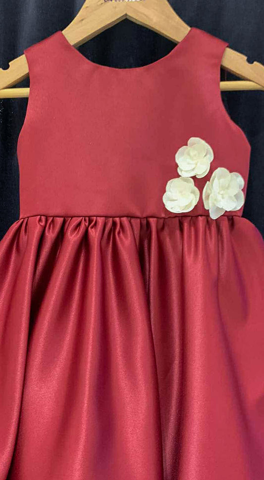 Sleeveless Mushroom Dress with Florets - Maroon Duchess Satin