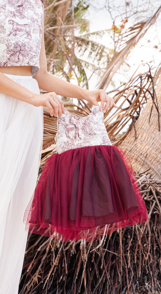 Emma Tulle Midi Dress - Maroon Lion w/ Maroon Tulle Skirt